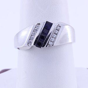 MENS BLUE SAPPHIRE RING CZ 18K WHITE GOLD FINISH